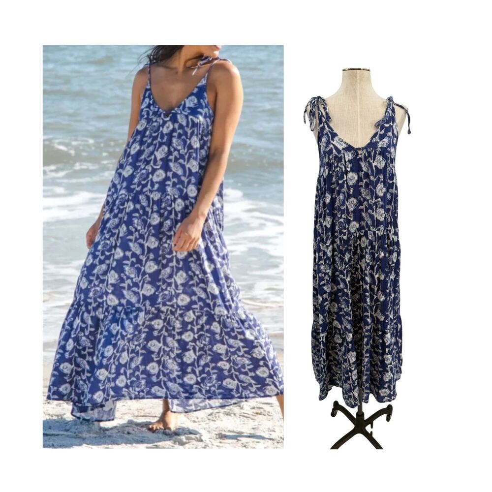 Natural Life Brooklynn Blue Floral Cotton Gauze Tie Strap Maxi Dress Medium